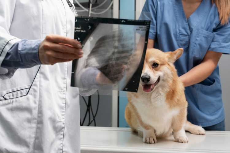 veterinarian examining dog's x-ray